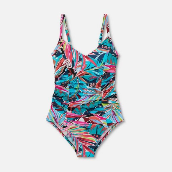 Women's UPF 50 Shirred V-Neck One Piece Swimsuit - Aqua Green® Multi Tropical L - Picture 3 of 7